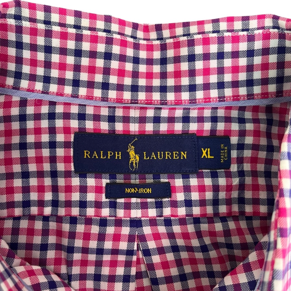 Ralph Lauren Mens XL Pink Navy Blue Gingham Check Non-Iron Cotton Button Shirt - Picture 2 of 7